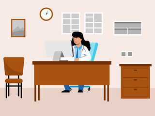 Female doctor working in front of computer in her room. Hospital vector illustration. Flat illustration concept.