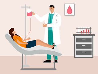 Patient giving blood donation. Hospital vector illustration. Flat illustration concept.