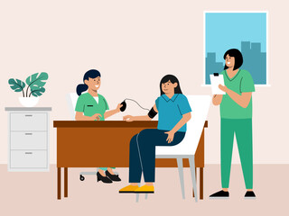 Doctor checking blood pressure to patient. Hospital vector illustration. Flat illustration concept.