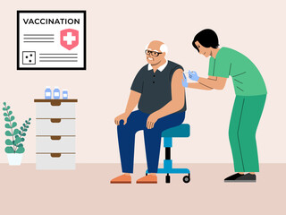 Nurse giving vaccination to old patient. Hospital vector illustration. Flat illustration concept.