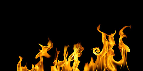 Bright orange fire flames on a black background create a dramatic and intense visual effect. Perfect for design, energy concepts, danger themes, or background use in advertising and digital art.
