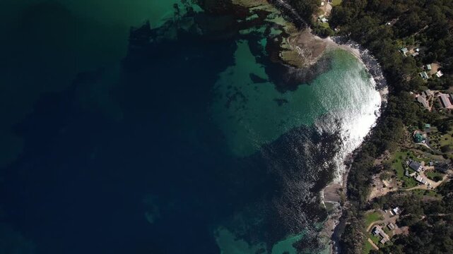 Serene Bay Near Tasman National Park In Tasmania, Australia - Aerial Top Down