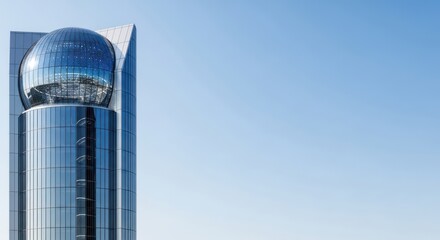 Spectacular glass skyscraper featuring a prominent spherical architectural element