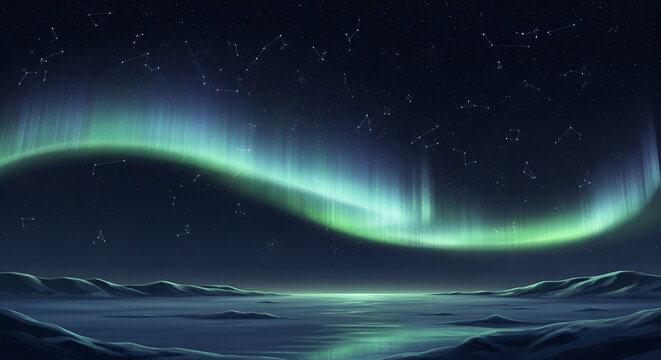 Mystical aurora borealis dance across a starry night sky over arctic landscape