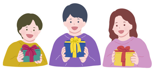 ギフトボックスを持っている３人の子供　フラットイラスト　手書き風