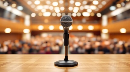 Microphone on a wooden stage, ready for a captivating speech or performance, in a large, dimly lit auditorium with a blurred audience
