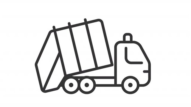 Animated garbage truck line icon. Vehicle collecting municipal waste animation. Transporting rubbish to treatment facility. Outline element on white background. HD video with alpha channel