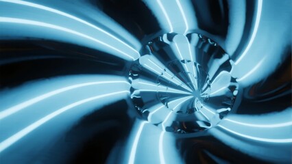 Abstract blue spiral with reflective central crystal and glowing light patterns
