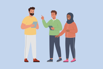 Group of Diverse Young People Discussing and Collaborating with Digital Tablets &ndash; Flat Vector Illustration