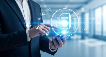 Businessman using smartphone for digital document management system.