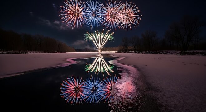 Vibrant fireworks reflected in calm water under a starry night sky