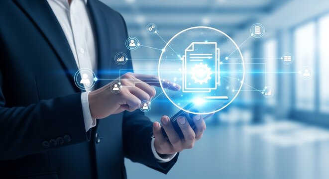 Businessman using smartphone for digital document management system.