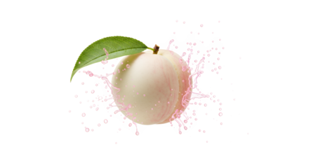 A fresh, juicy peach splashing pink liquid, representing a healthy and refreshing drink or food item, perfect for summer