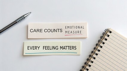 Emotional Wellbeing Message on Paper with Pen and Notebook for Mental Health Awareness and Support in Daily Life