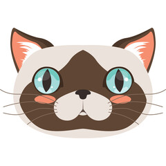 Pixel Art Siamese Cat Face with Big Blue Eyes Pink Cheeks and Brown and White Fur on Transparent Background