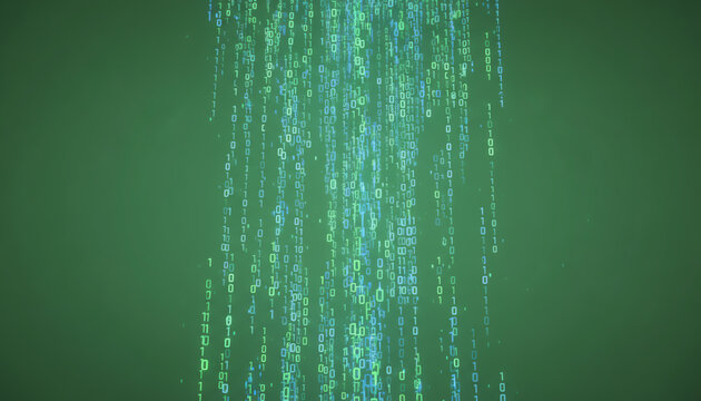 Abstract digital rain with cascading green binary code representing data flow and technology innovation. - Powered by Adobe