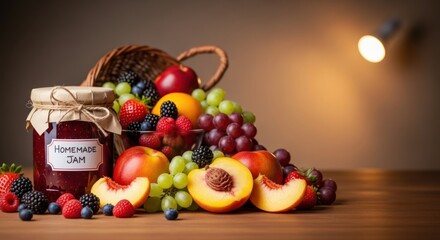 Still Life Composition with Homemade Jam and Assortment of Fresh Fruits
