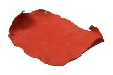 Peeling red paint fragment showing weathering, decay, and texture for abstract background or design element, transparent background