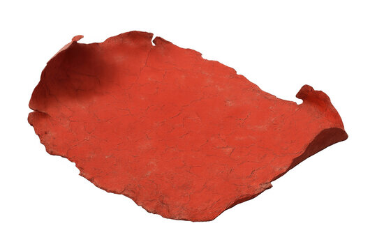Peeling red paint fragment showing weathering, decay, and texture for abstract background or design element, transparent background