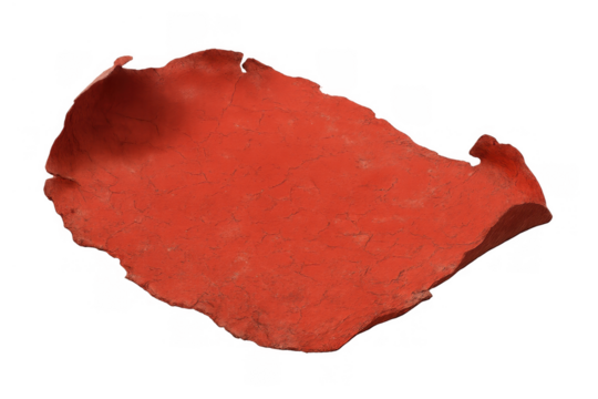 Peeling red paint fragment showing weathering, decay, and texture for abstract background or design element, transparent background