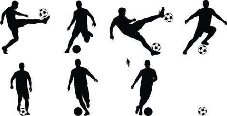 Dynamic soccer player silhouette set showcasing diverse athletic movements, football control skills, energetic action poses, perfect for vector illustration, training graphics,