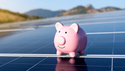 Piggy bank on solar panels representing green energy savings.