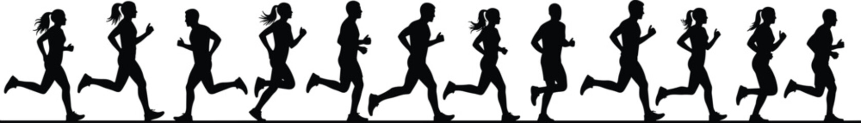 Group of running people silhouettes, a collection of men and women jogging in a line, isolated vector set for sport, marathon, and fitness concepts.