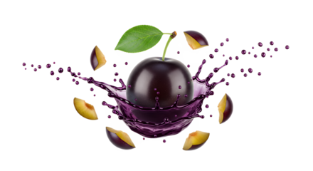 Fresh Ripe Plum Splashing in Juice with Slices and Leaf, Healthy Fruit Concept