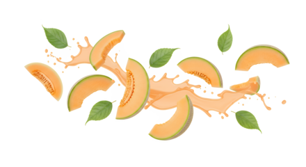 Dynamic display of fresh cantaloupe melon slices, bursting with vibrant juice splashes and delicate green leaves, capturing a refreshing and healthy fruit experience