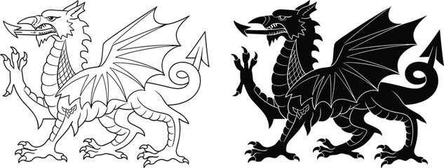 Heraldic dragon vector set, black silhouette and outline illustration, welsh symbol for coat of arms, fantasy animal icon, medieval creature design, isolated tattoo art