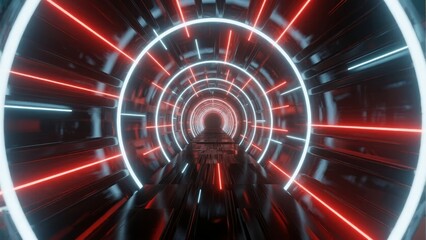 Futuristic tunnel with glowing red and white neon lights creating a high-speed motion effect