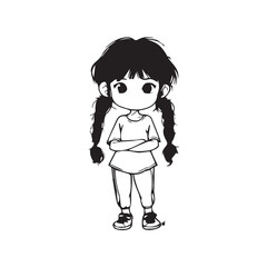 Beautiful Kawaii Girl Black and White Vector Illustration in Cute Simple Line Art Style