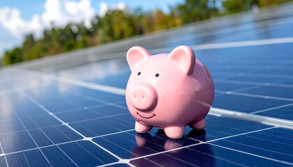 Piggy Bank on Solar Panels - Saving Money with Renewable Energy.