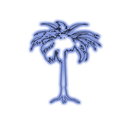 Glowing blue neon palm tree silhouette against black background