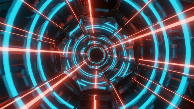 Futuristic neon-lit tunnel with concentric rings and glowing red and blue lines creating a high-tech corridor effect - Powered by Adobe