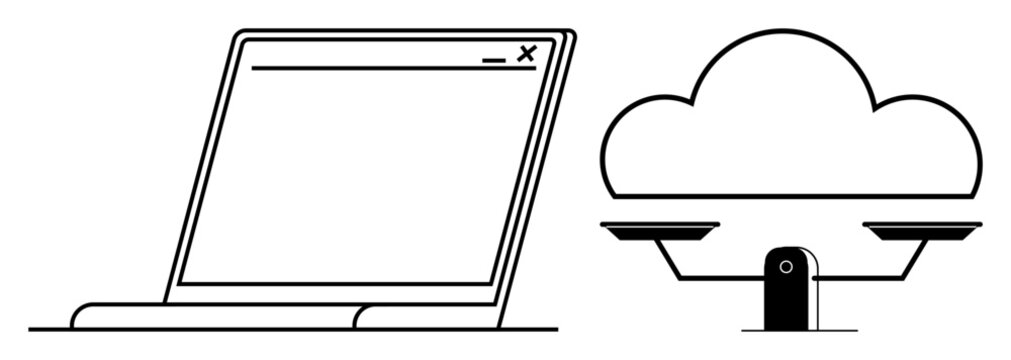 Laptop with open window interface beside cloud balanced on scales, visualizing choices between local and cloud storage. Ideal for technology, cloud computing, decision-making, balance, minimalism