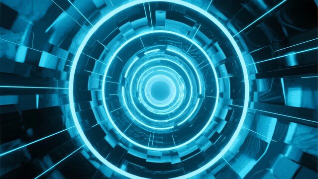 Futuristic blue tunnel with glowing circular patterns and geometric structures - Powered by Adobe