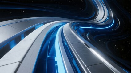 Futuristic curved metallic pathways glowing with blue light against a starry space background