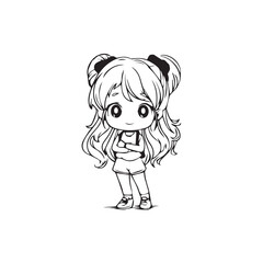 Beautiful Kawaii Girl Black and White Vector Illustration in Cute Simple Line Art Style