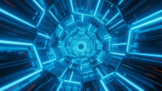 Futuristic blue neon tunnel with geometric patterns and glowing lines creating a sci-fi corridor effect