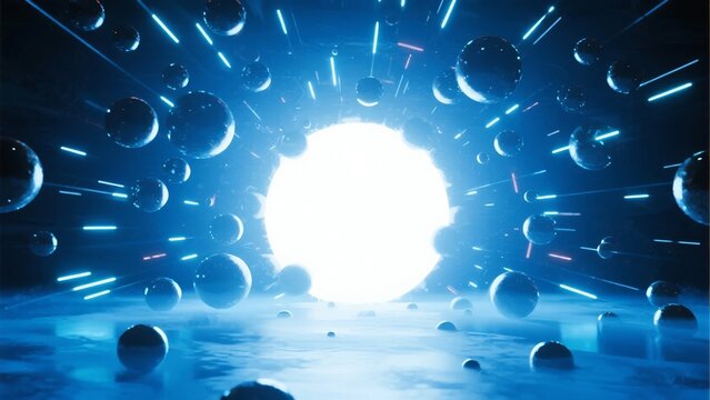 A futuristic scene with glowing spheres and light beams converging toward a bright central light source in a dark blue environment.