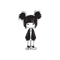 Beautiful Kawaii Girl Black and White Vector Illustration in Cute Simple Line Art Style