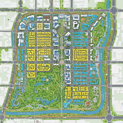 Obraz premium An aerial view showcases a meticulously planned city layout with residential zones, parks, and infrastructure, highlighting urban planning and design.