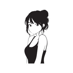 Beautiful Kawaii Girl Black and White Vector Illustration in Cute Simple Line Art Style