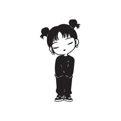Beautiful Kawaii Girl Black and White Vector Illustration in Cute Simple Line Art Style
