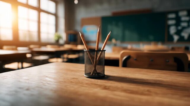 Empty classroom desks with pencils and sunlight through window