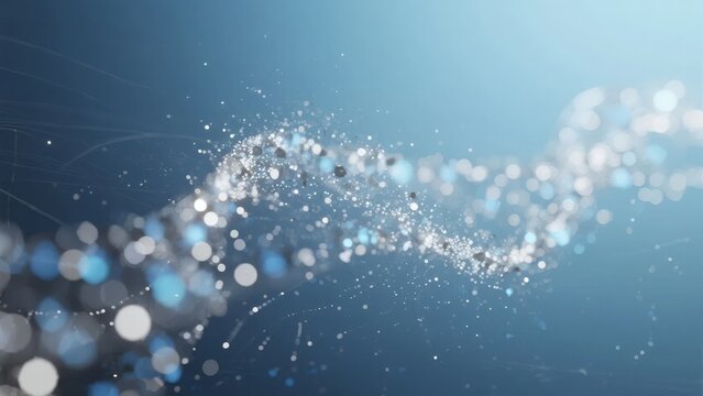 Abstract digital particles forming a flowing wave against a blue gradient background - Powered by Adobe