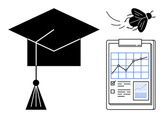 Graduation cap symbolizing education, clipboard with charts reflecting progress, and fly highlighting distraction. Ideal for education, graduation, analysis, focus, success, multitasking