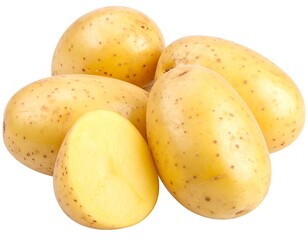 Pile of fresh yellow potatoes, one cut in half.