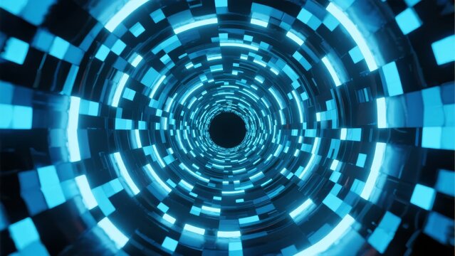 Blue digital tunnel with glowing square patterns forming a futuristic vortex
